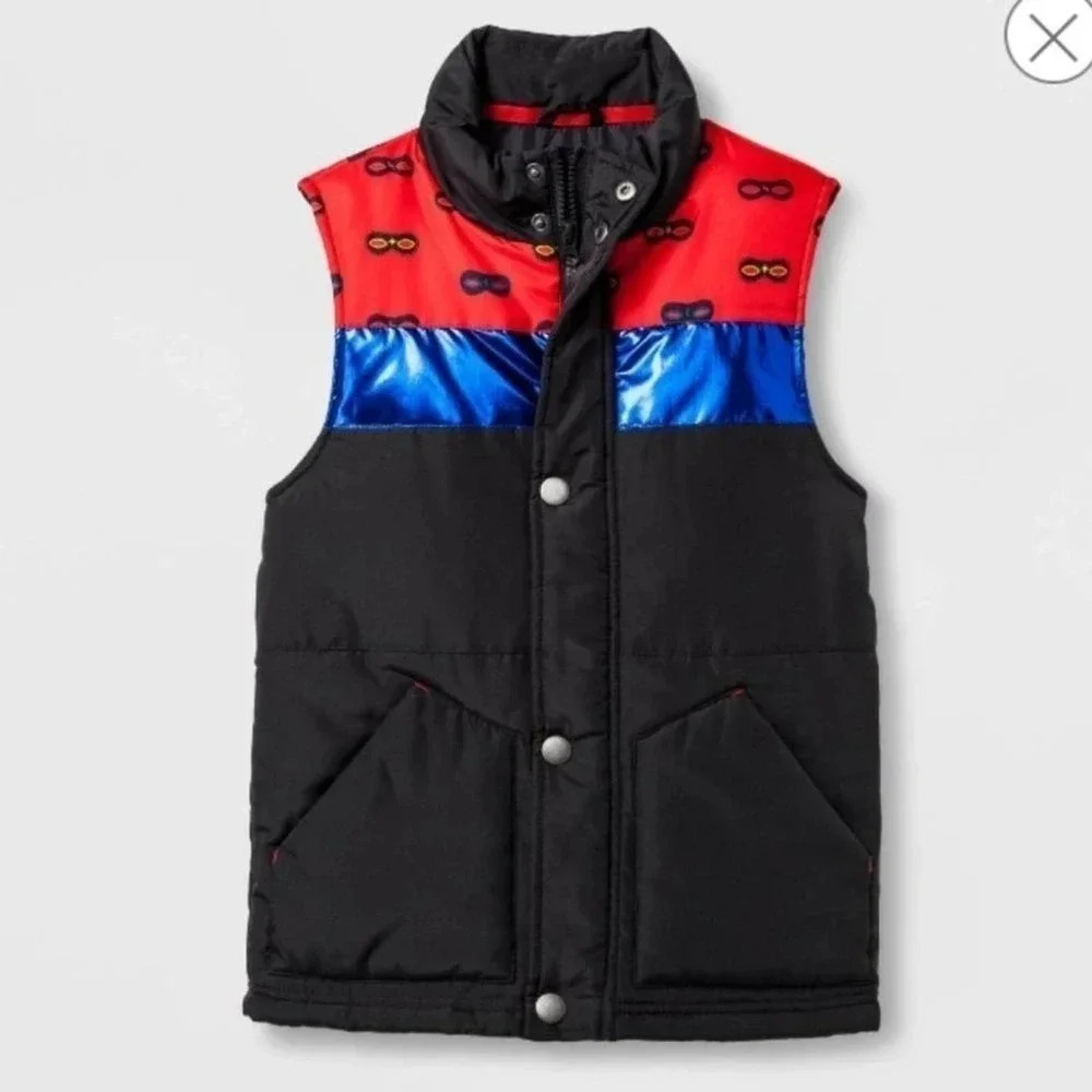 Cat & Jack Puffer Vest Boys Black Red Superhero